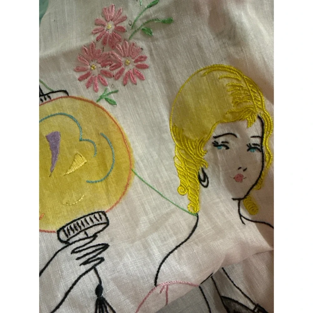 Vintage 1920s Art Deco Tea Apron Hand Painted Flapper Girl Chinoiserie Pink Blue